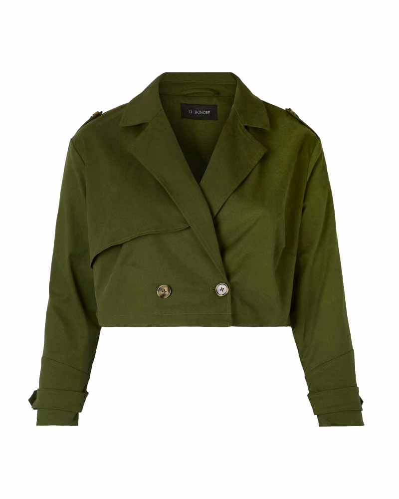 Front of a size 12 Billie Cropped Trench in Hunter Green by 11 Honoré Collection. | dia_product_style_image_id:207088